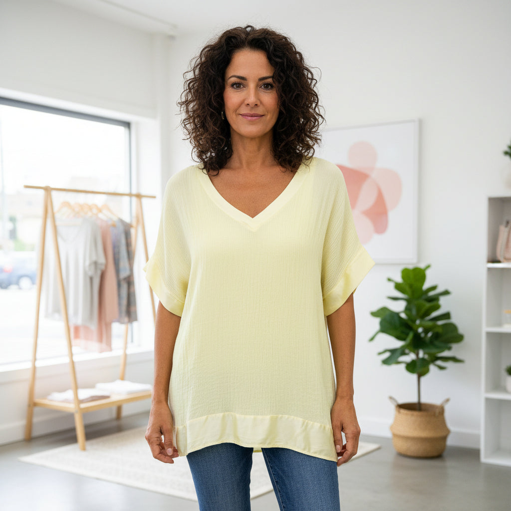 Made In Italy Charlie Lemon Yellow Cheesecloth Style Satin Trim Top - Sugarplum Boutique
