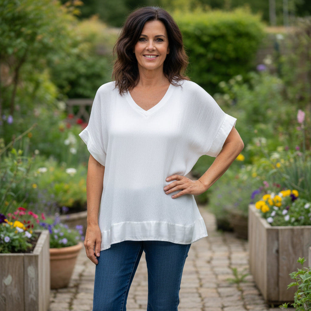 Made In Italy Charlie White Cheesecloth Style Satin Trim Top - Sugarplum Boutique