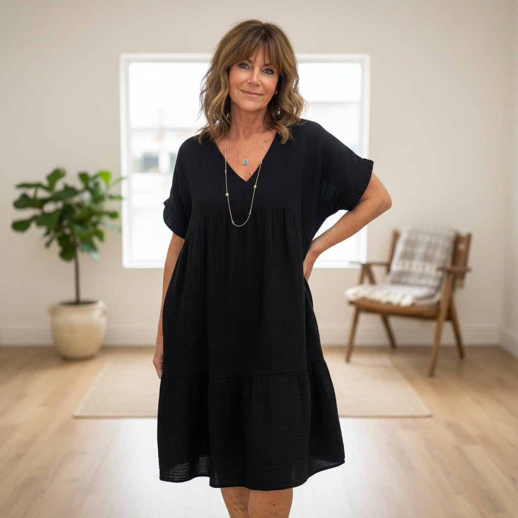 Made In Italy Cheska Black Cheesecloth Boho Cotton Tunic Dress - Sugarplum Boutique