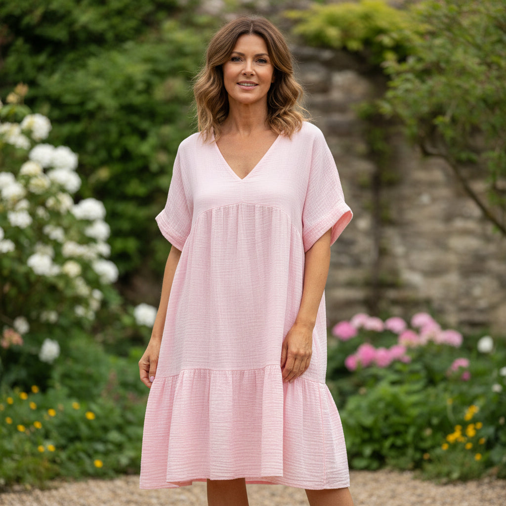 Made In Italy Cheska Pink Cheesecloth Boho Cotton Tunic Dress - Sugarplum Boutique