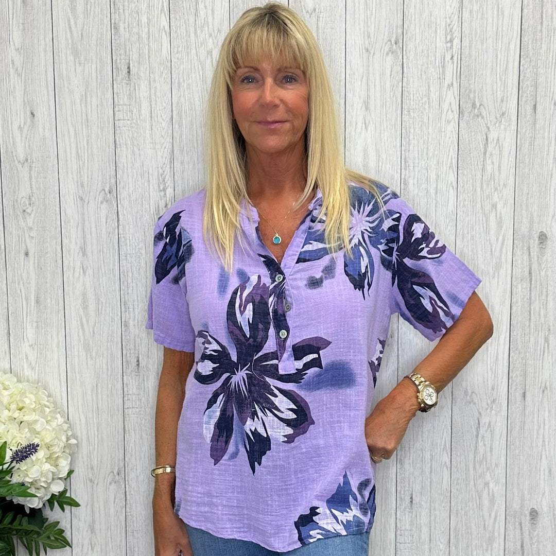 Made In Italy Christy Cotton Flower Print Top Lilac - Sugarplum Boutique