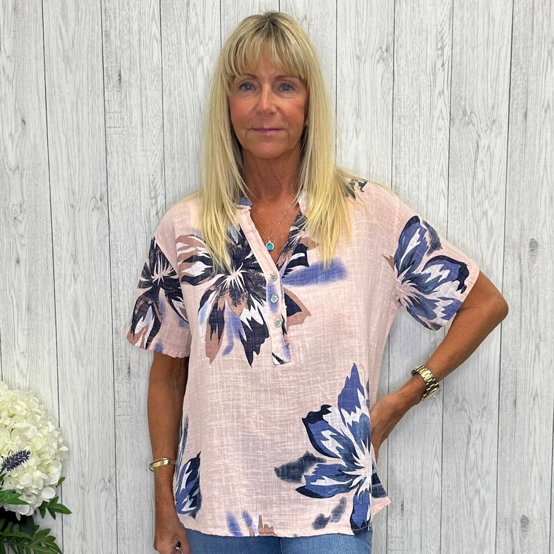 Made In Italy Christy Cotton Flower Print Top Pink - Sugarplum Boutique