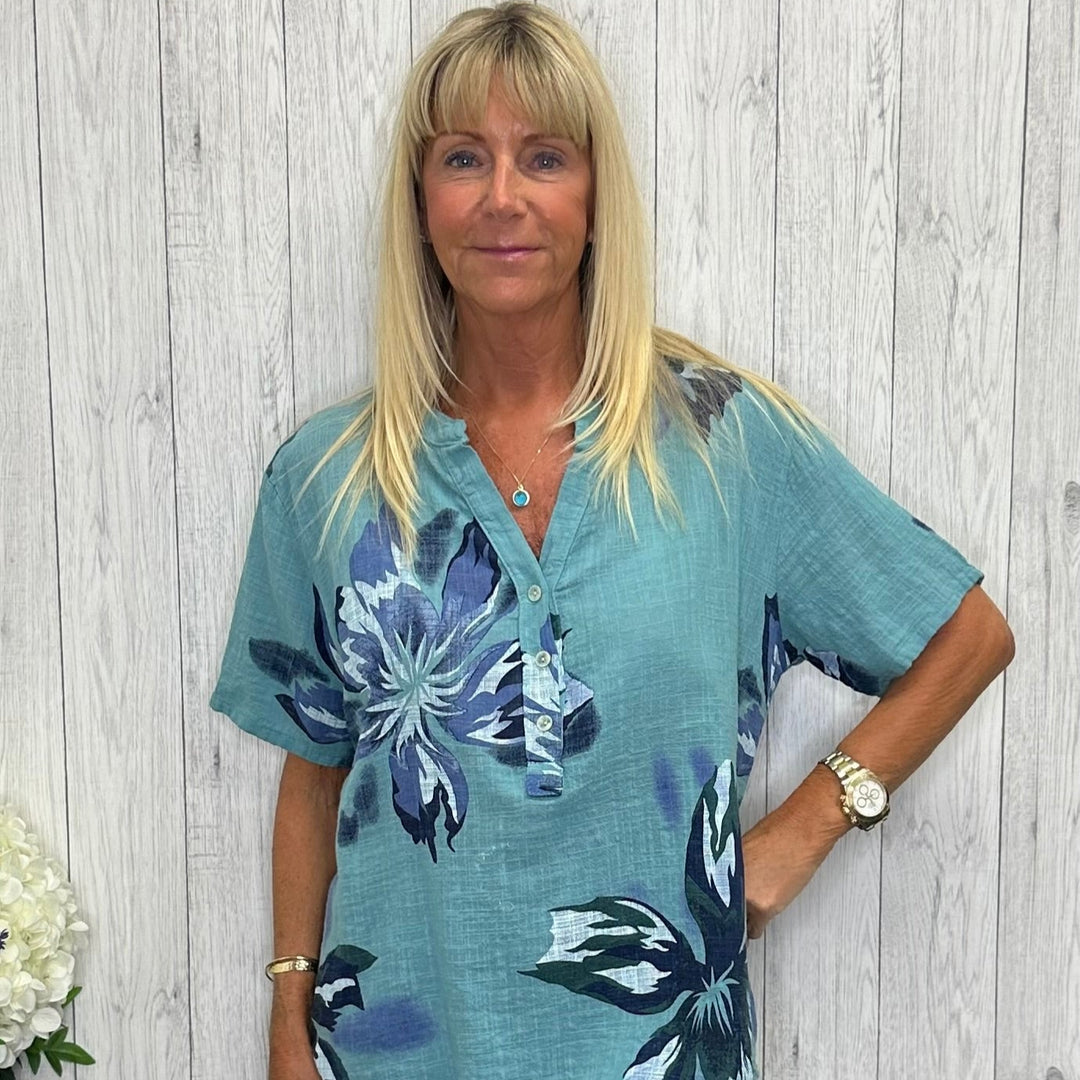 Made In Italy Christy Cotton Flower Print Top Teal Green - Sugarplum Boutique
