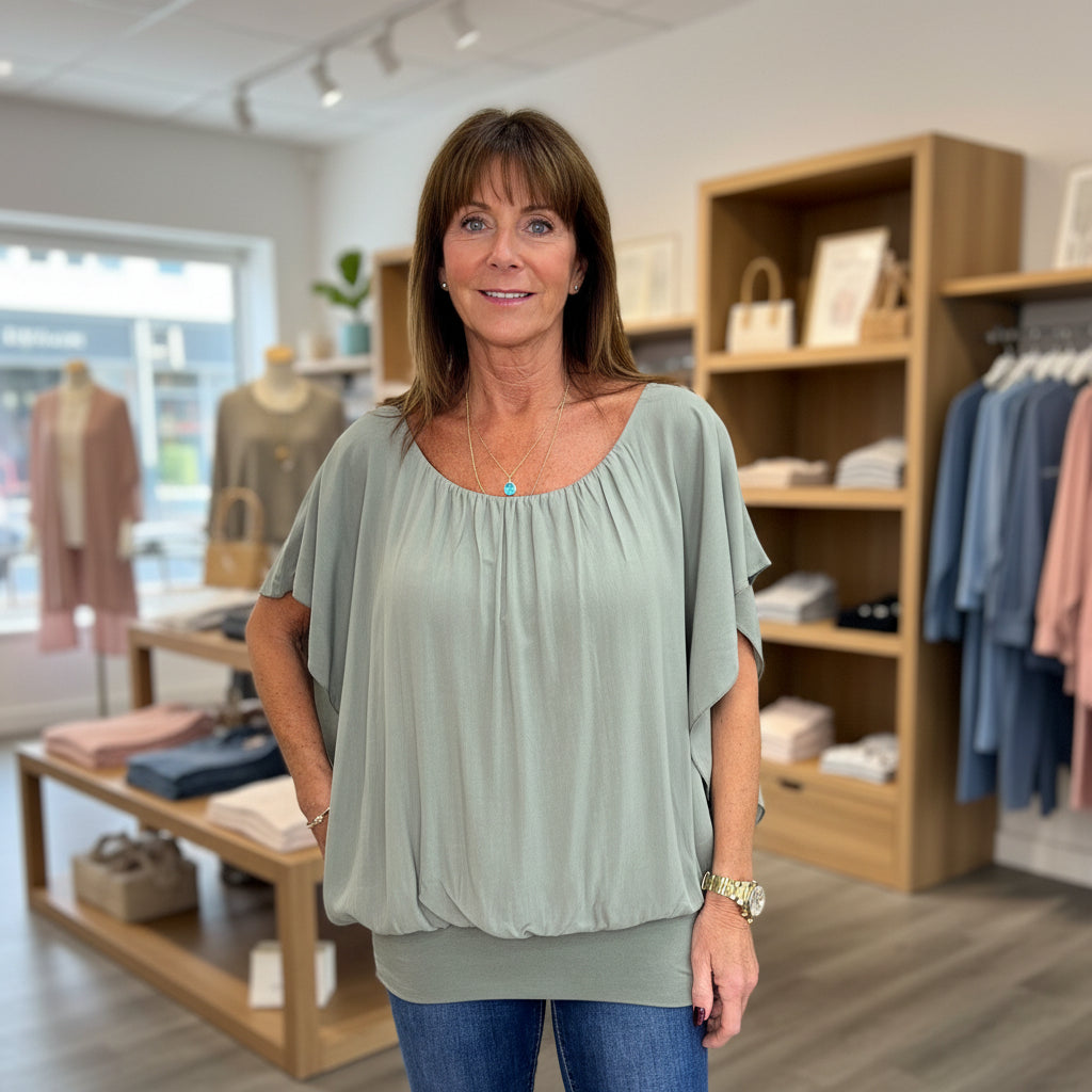 Made In Italy Clover Khaki Green Double Layer Side Split Top - Sugarplum Boutique