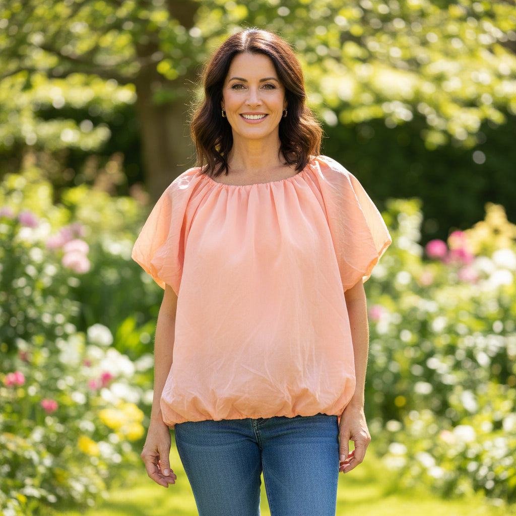 Made In Italy Coral Bardot Style Bubble Hem Top - Sugarplum Boutique
