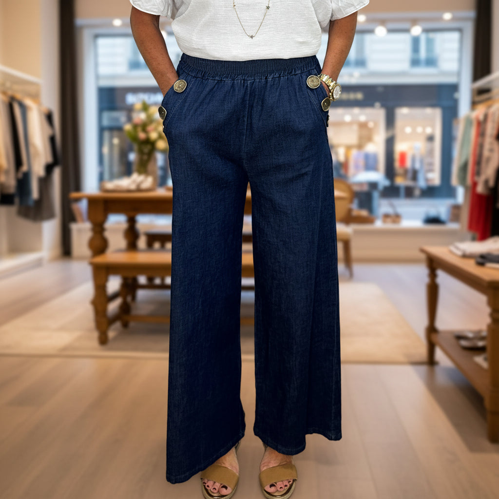 Made In Italy Dark Denim Three Button Cotton Wide Leg Trousers - Sugarplum Boutique
