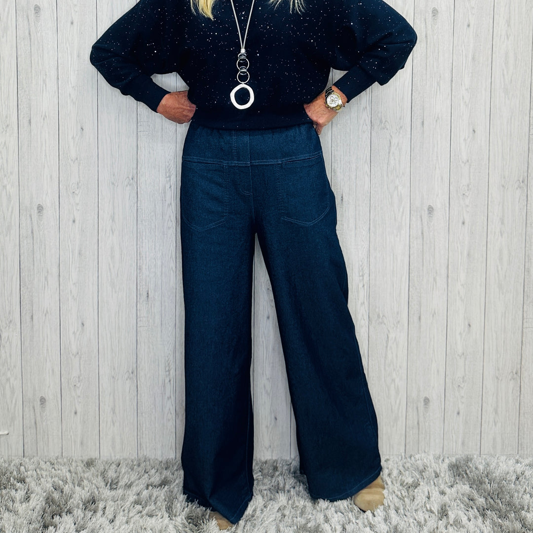 Made In Italy Dark Denim Wide Leg Cotton Lightweight Jeans -Sugarplum Boutique