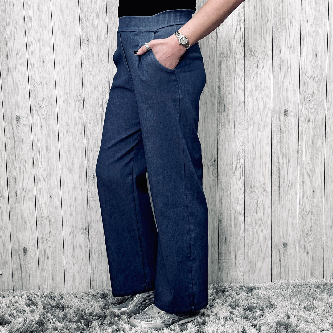 Made In Italy Denim Winnie Wide Leg Trousers Stretch Fabric Dark