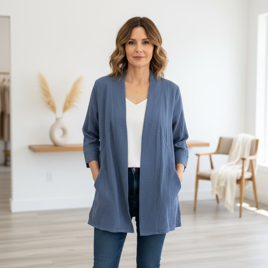 Made In Italy Edge To Edge Denim Blue Linen Cotton Mix Jacket - Sugarplum Boutique