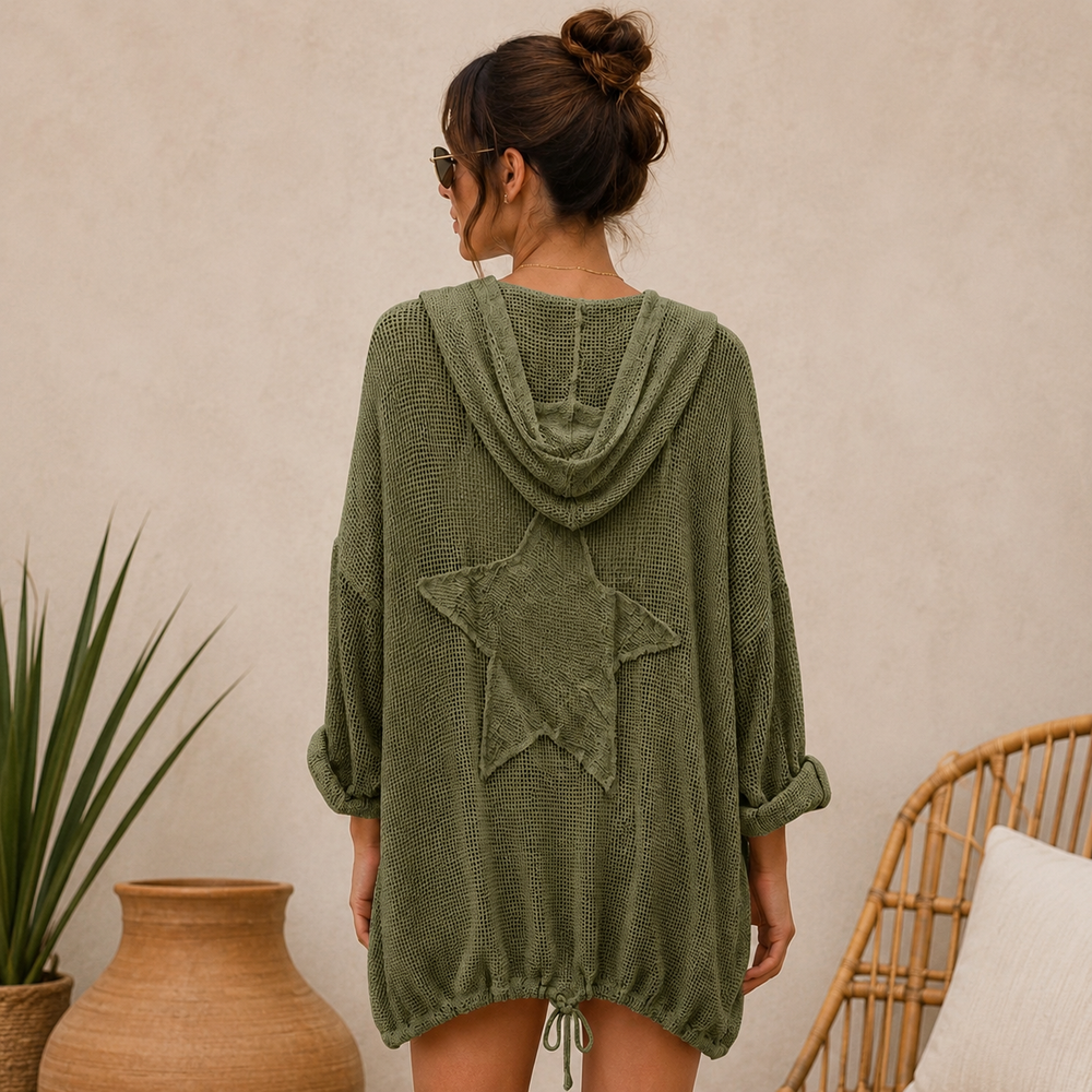 Made In Italy Edge To Edge Hooded Khaki Green Sequin Star Cotton Jacket -  Sugarplum Boutique