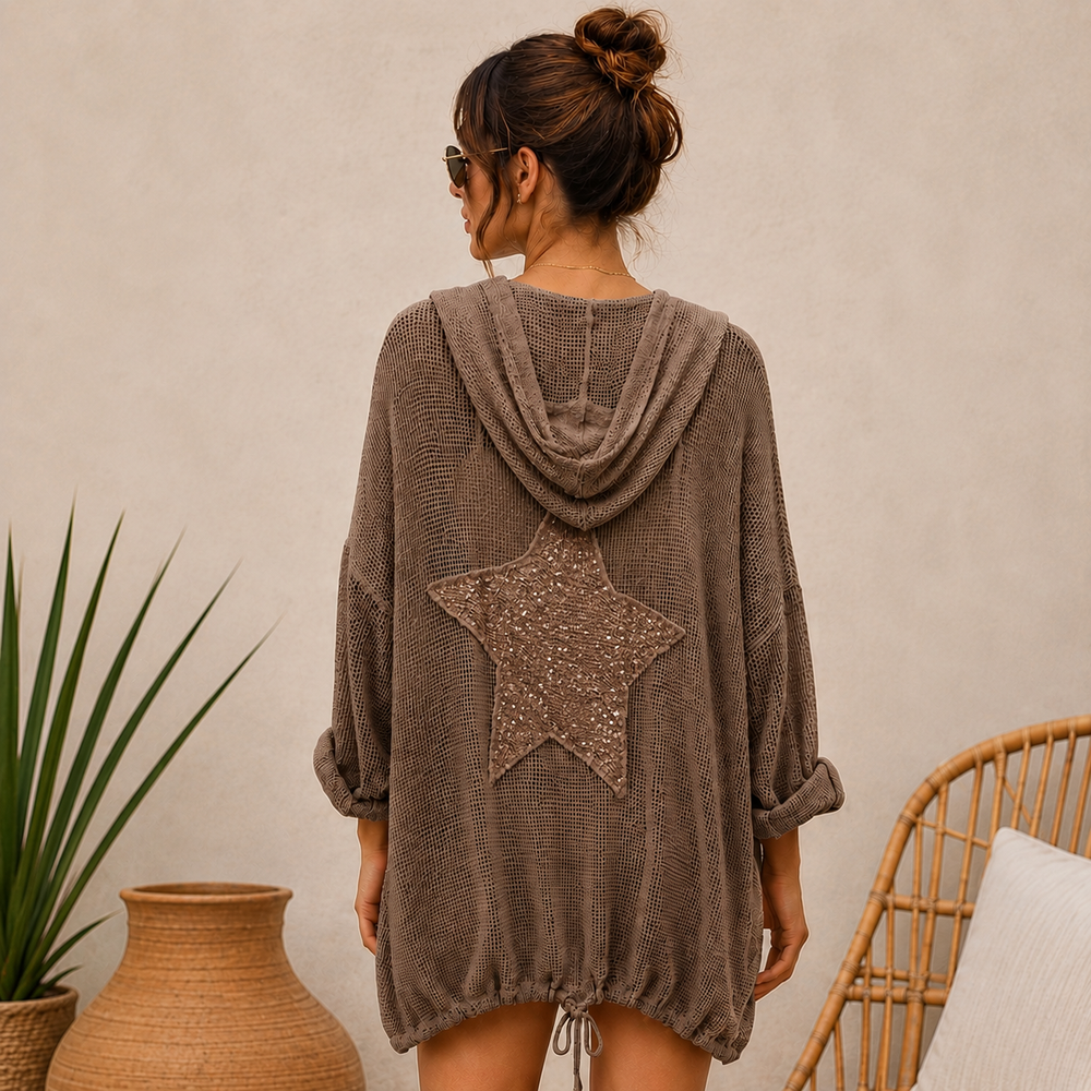 Made In Italy Edge To Edge Hooded Mocha Brown Sequin Star Cotton Jacket - Sugarplum Boutique