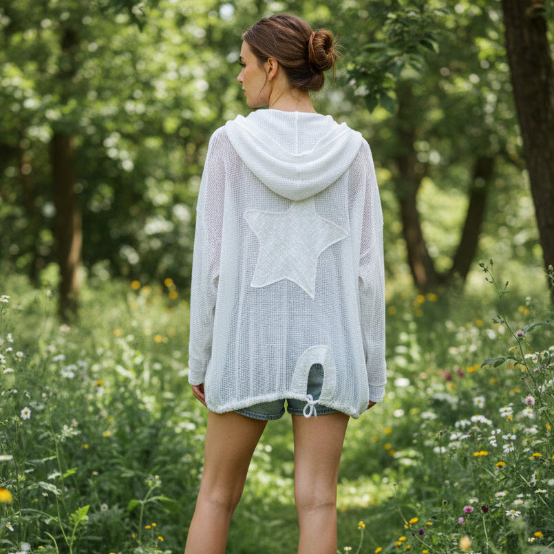 Made In Italy Edge To Edge Hooded White Sequin Star Cotton Jacket - Sugarplum Boutique