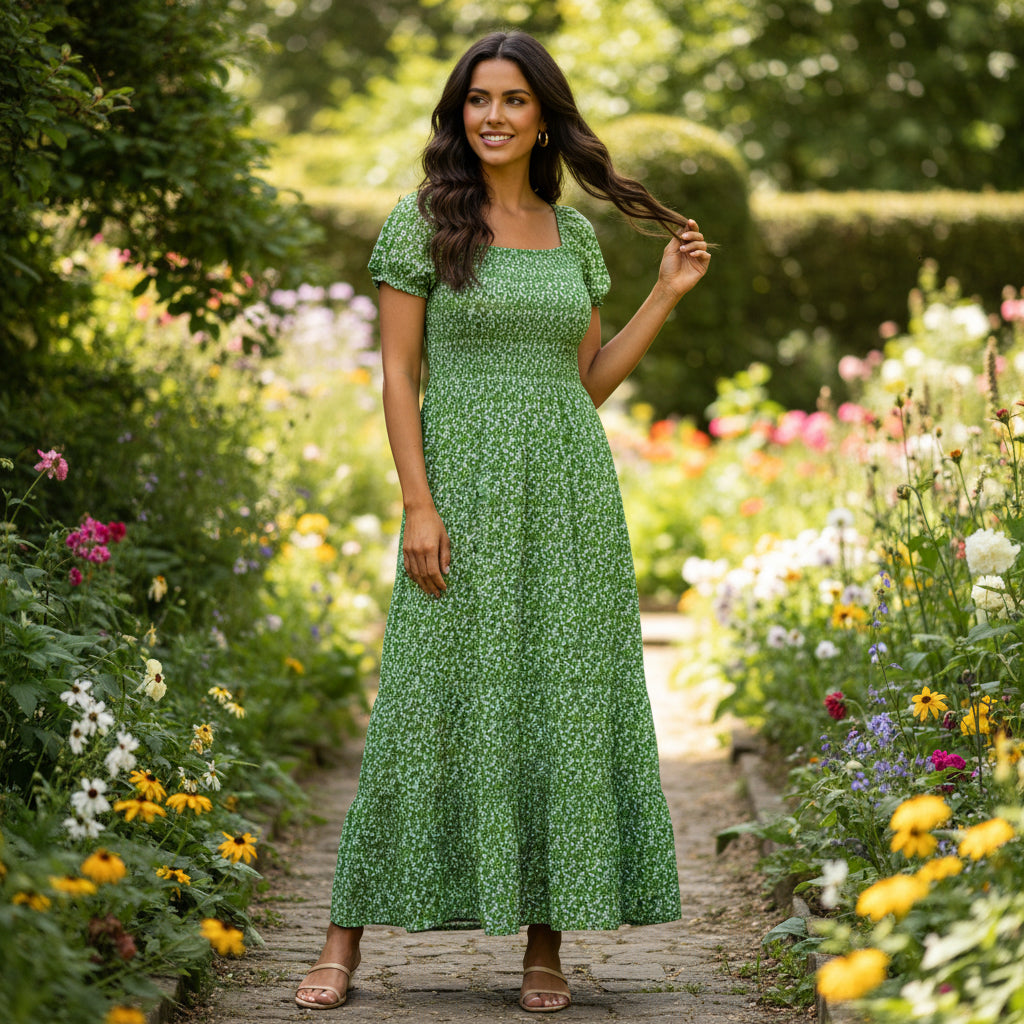 Made In Italy Emerald Green Ditsy Flower Shirred Bardot Maxi Dress Sugarplum Boutique & Home Made In Italy Emerald Green Ditsy Flower Shirred Bardot Maxi Dress Sugarplum Boutique & Home