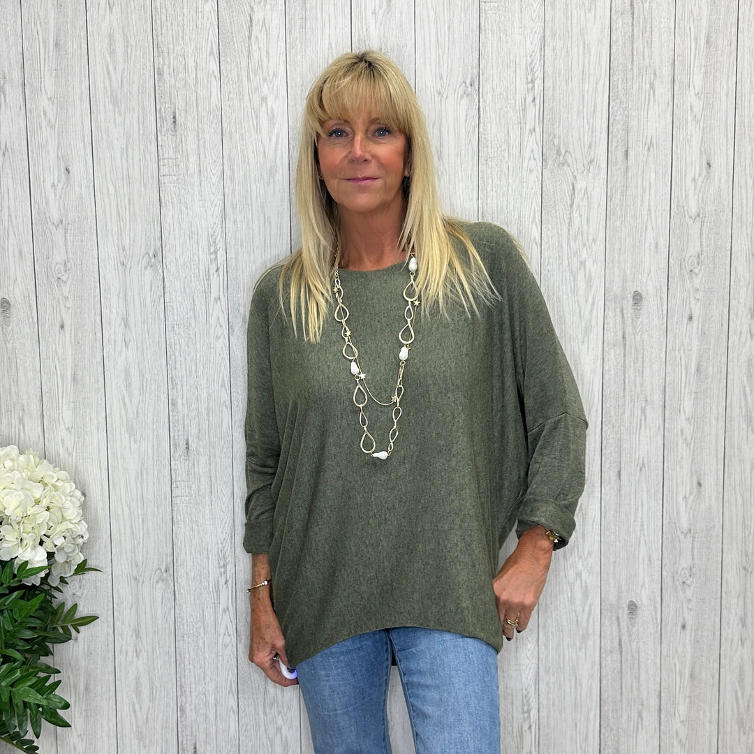 Made In Italy Ronnie Essential Khaki Green Lightweight Top -  Sugarplum Boutique