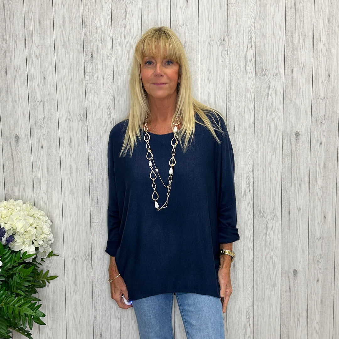 Made In Italy Ronnie Essential Navy Blue Lightweight Top - Sugarplum Boutique