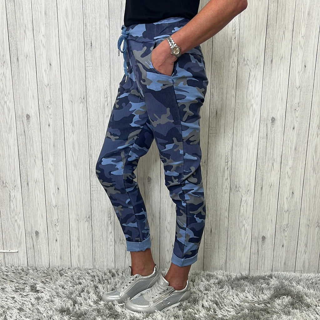 Made in Italy Eva Magic Camouflage Trousers Denim Blue Sugarplum Boutique Home