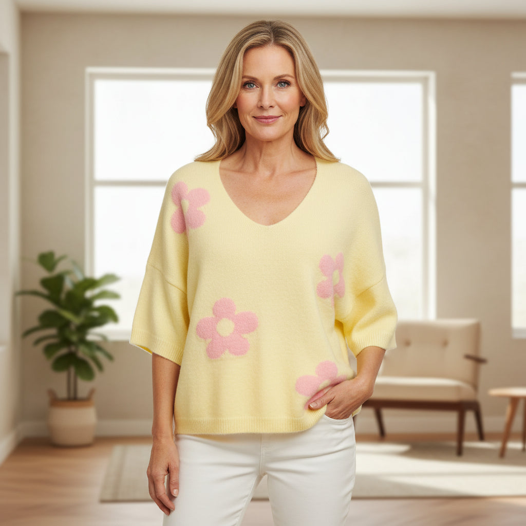 Made In Italy Flo Lemon Yellow Wool Mix Flower Short Sleeve Jumper - Sugarplum Boutique