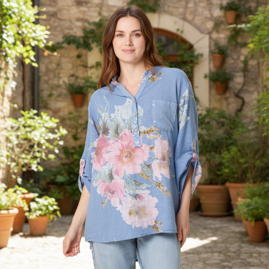 Made In Italy Floral Sequin Pocket Denim Blue Grandad Shirt - Sugarplum Boutique