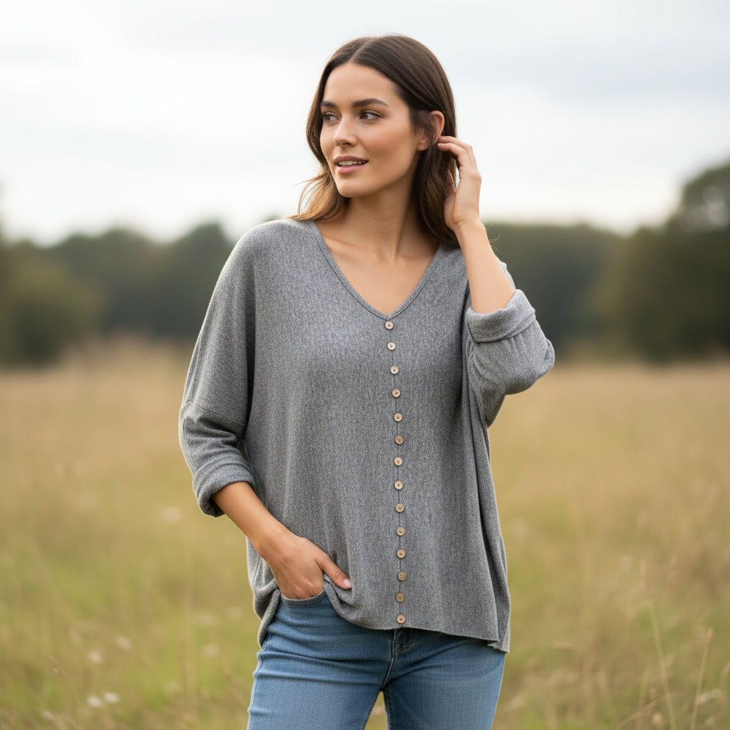 Made In Italy Zuzu Grey Button Front Relaxed Fit Top - Sugarplum Boutique
