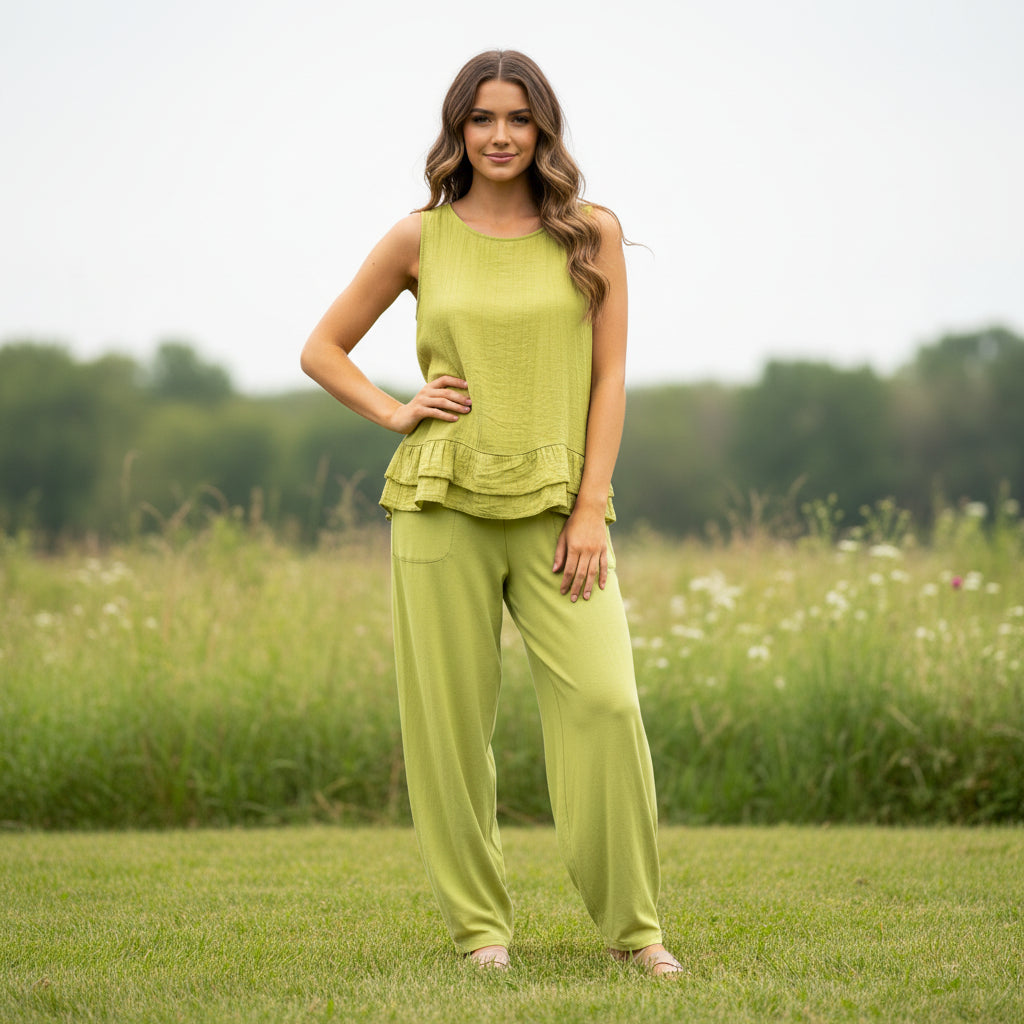 Made In Italy Hannah Lime Green Frill Hem Sleeveless Top - Sugarplum Boutique