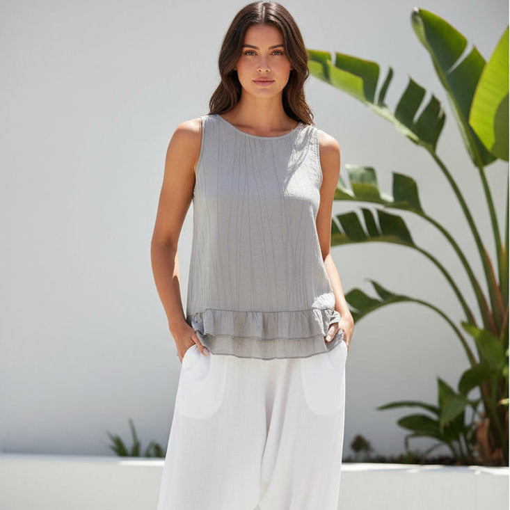 Made In Italy Hannah Mocha Brown Frill Hem Sleeveless Top - Sugarplum Boutique