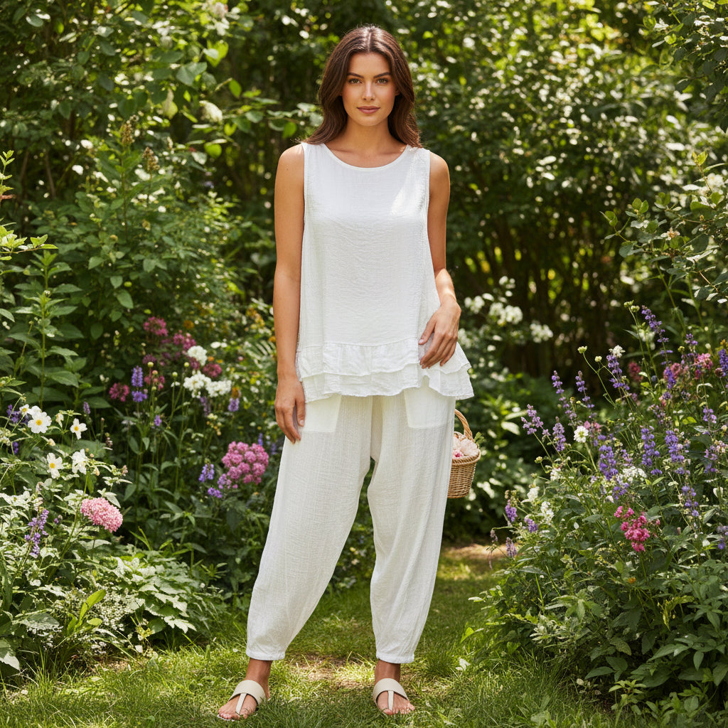 Made In Italy Hannah White Frill Hem Sleeveless Top - Sugarplum Boutique