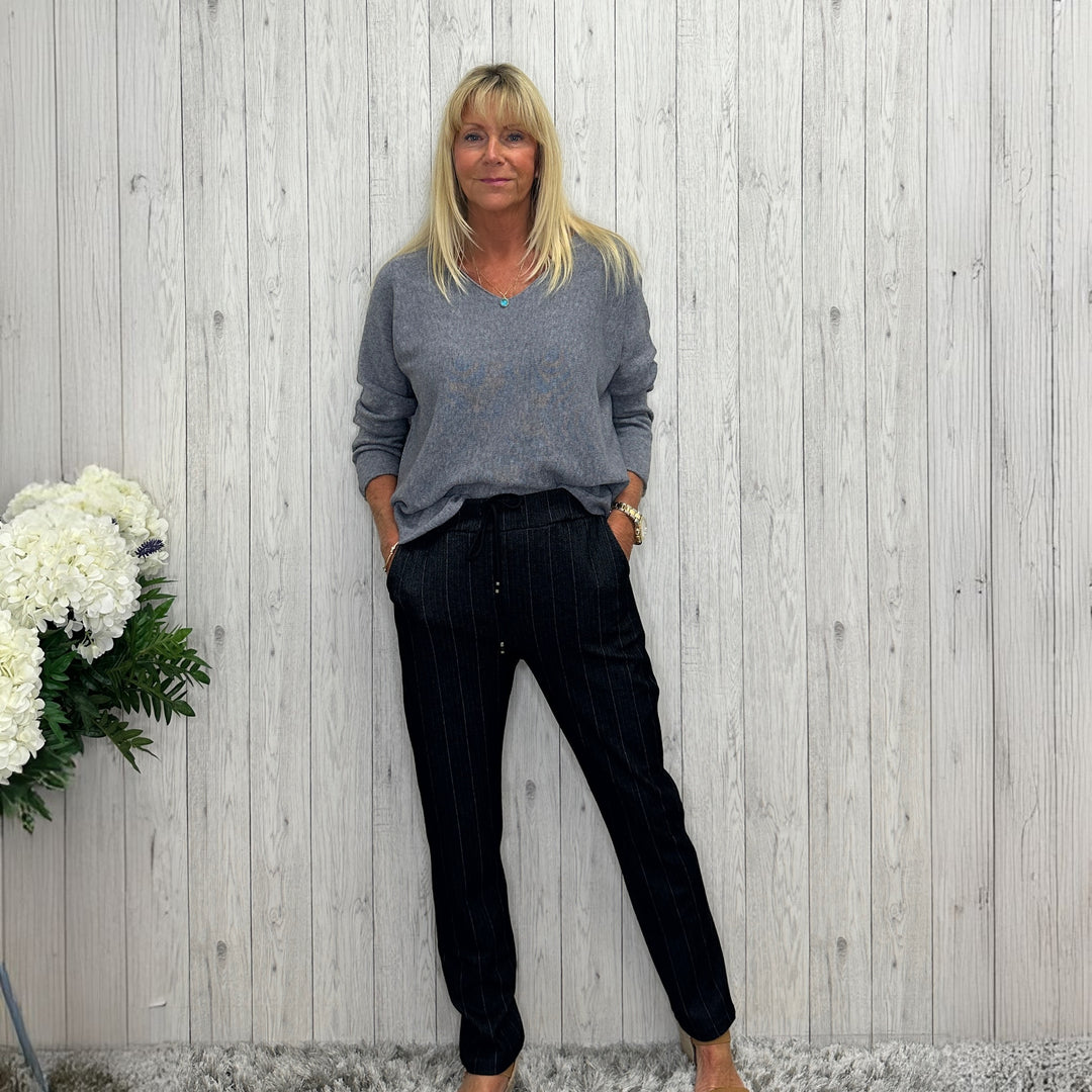 Made In Italy Herringbone Striped Magic Trousers Black - Sugarplum Boutique