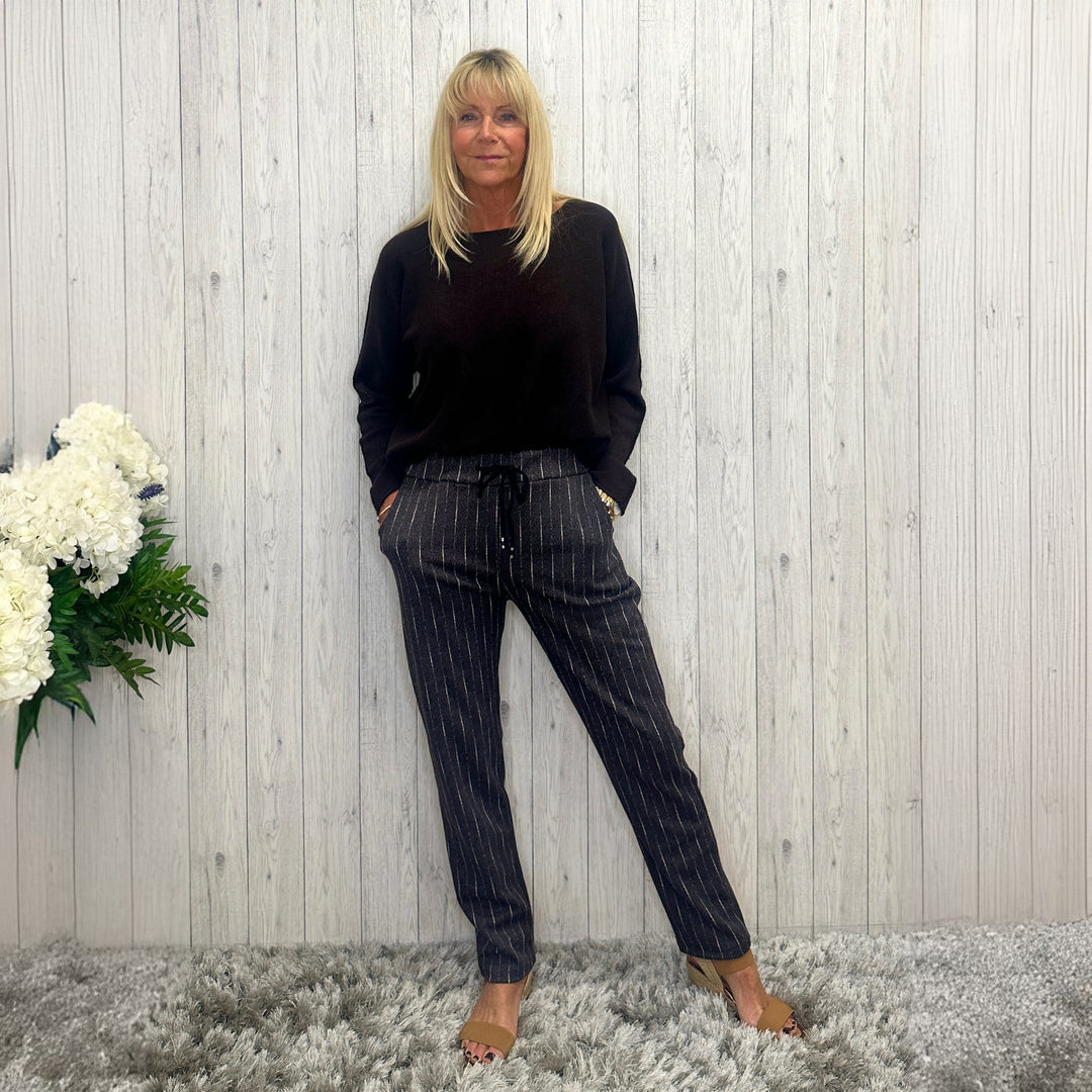 Made in Italy Herringbone Striped Magic Trousers Chocolate Brown - Sugarplum Boutique