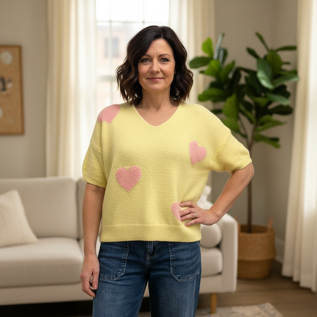 Made In Italy Hope Heart Lemon Yellow Wool Mix Short Sleeve Jumper