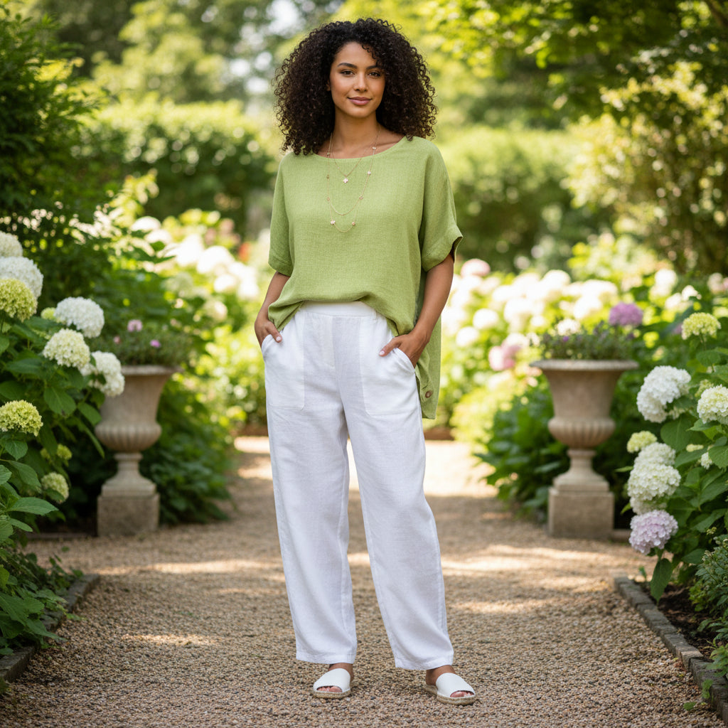 Made In Italy Isabella Lime Green Cotton Linen Blend Button Top - Sugarplum Boutique