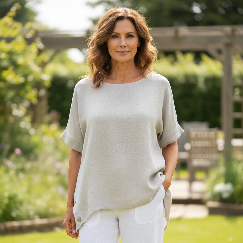 Made In Italy Isabella Mocha Brown Cotton Linen Blend Button Top -  Sugarplum Boutique