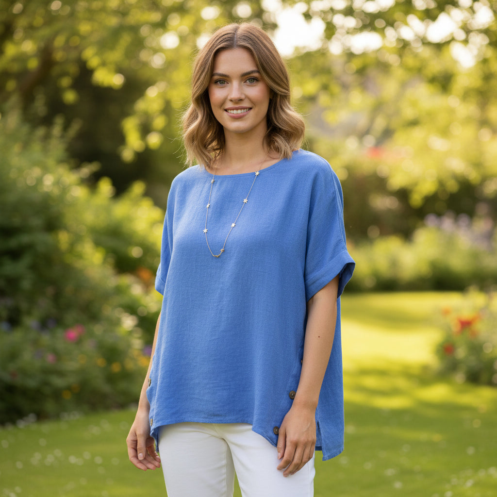Made In Italy Isabella Sky Blue Cotton Linen Blend Button Top - Sugarplum Boutique