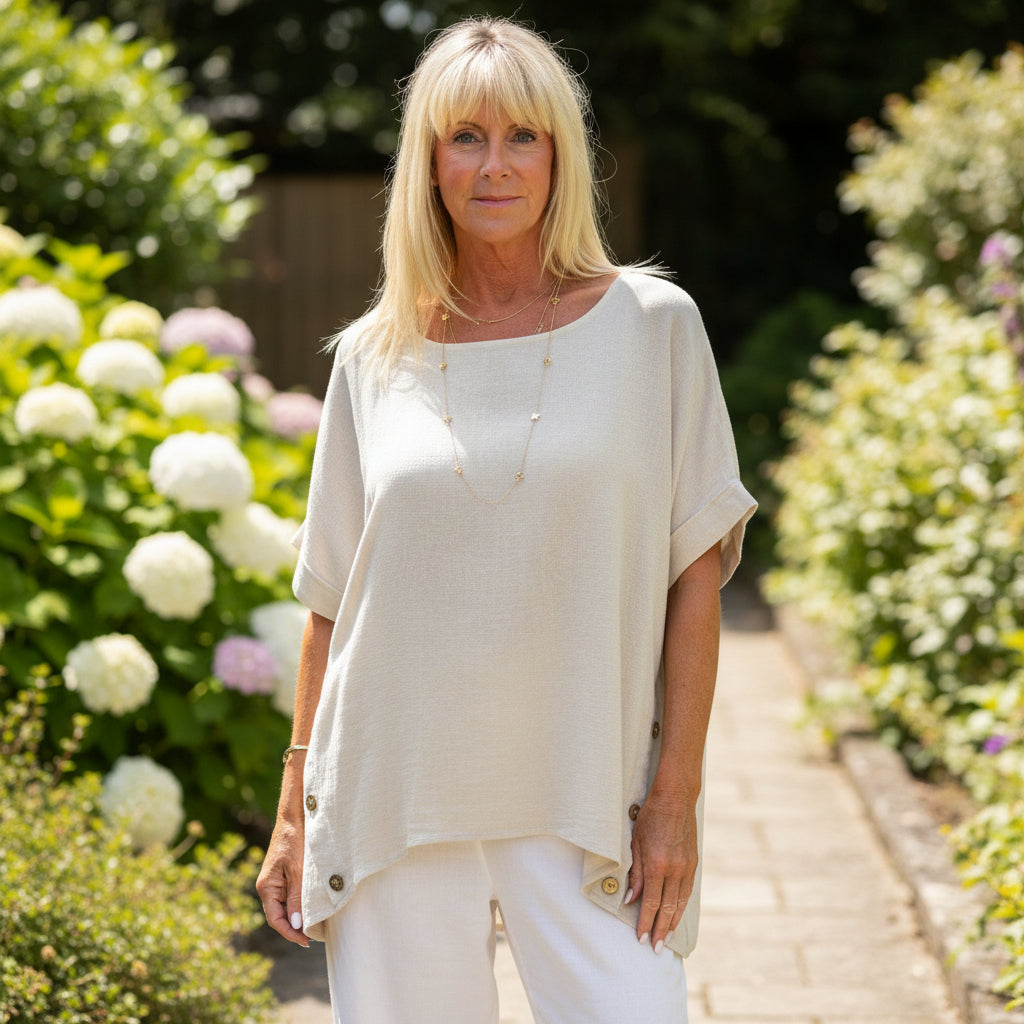 Made In Italy Isabella Stone Cotton Linen Blend Wooden Button Top - Sugarplum Boutique