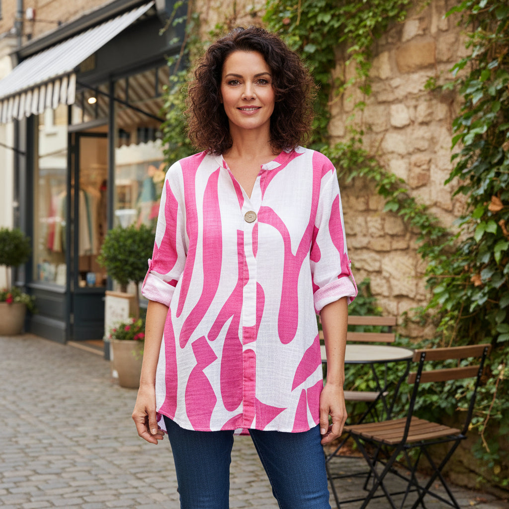 Made In Italy Isla Cerise Pink Single Button Cotton Squiggle Top - Sugarplum Boutique