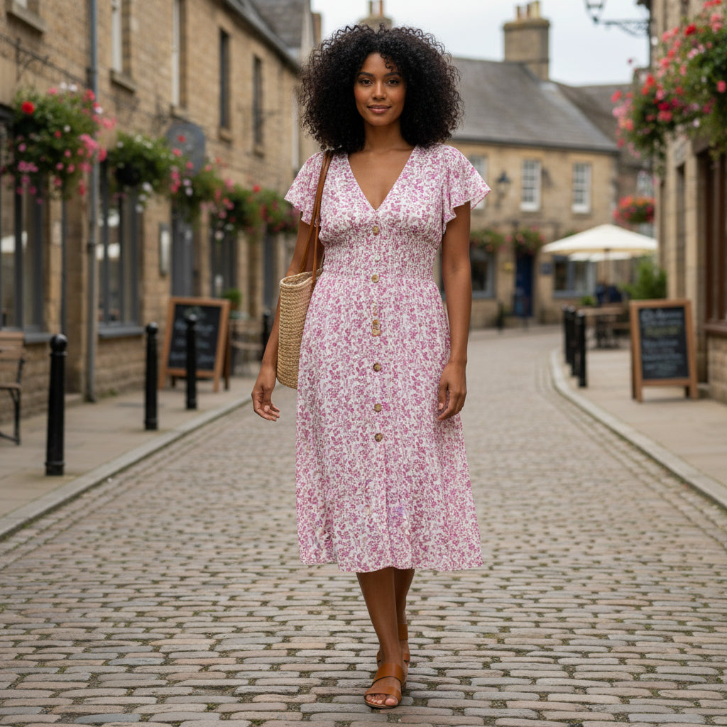 Made In Italy Jazz Cerise Pink Ditsy Flower Midi Dress - Sugarplum Boutique