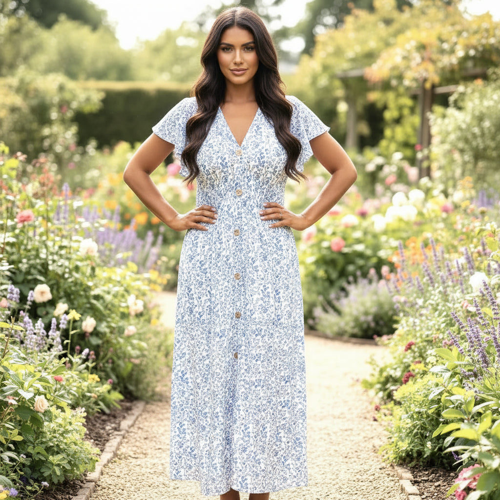 Made In Italy Jazz Light Blue Ditsy Flower Maxi Dress - Sugarplum Boutique