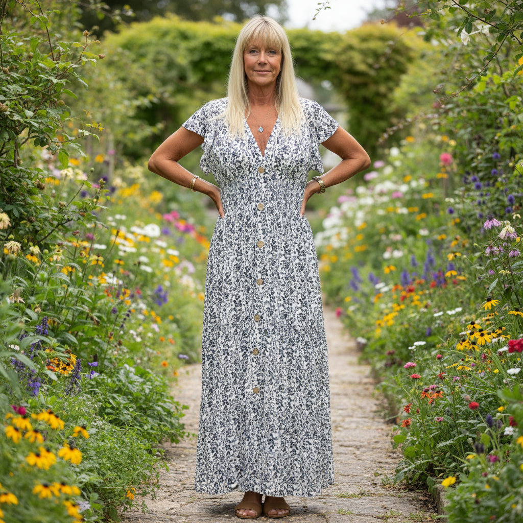 Made In Italy Jazz Navy Blue Ditsy Flower Maxi Dress - Sugarplum Boutique