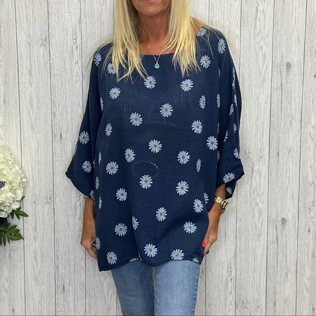Made In Italy Jess Cotton Oversize Daisy Top Navy Blue - Sugarplum Boutique