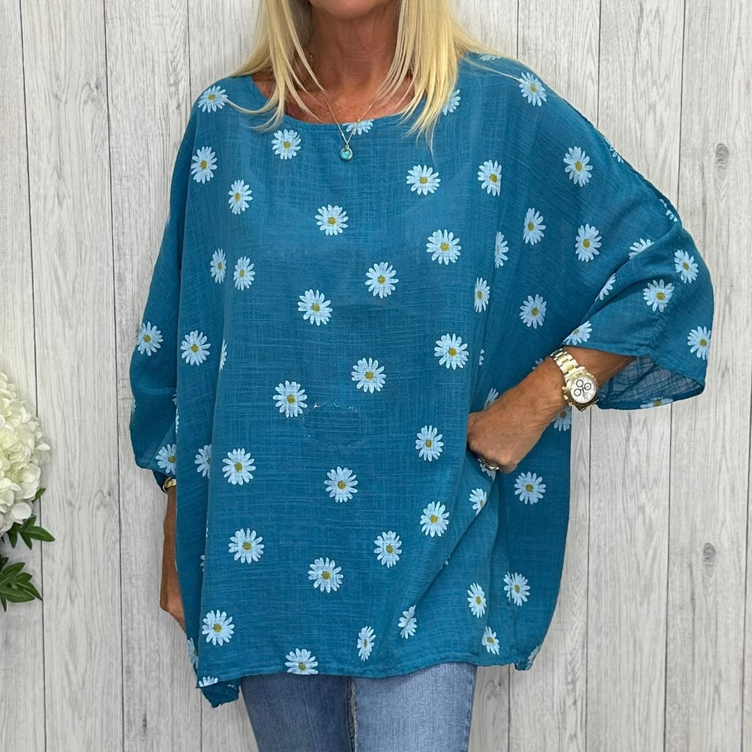 Made In Italy Jess Cotton Oversize Daisy Top Teal Green - Sugarplum Boutique