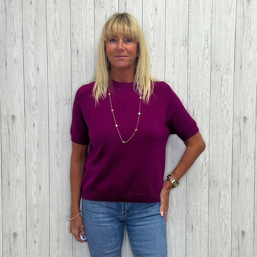 Made In Italy Laurie Round Neck Short Sleeve Jumper Magenta Pink - Sugarplum Boutique