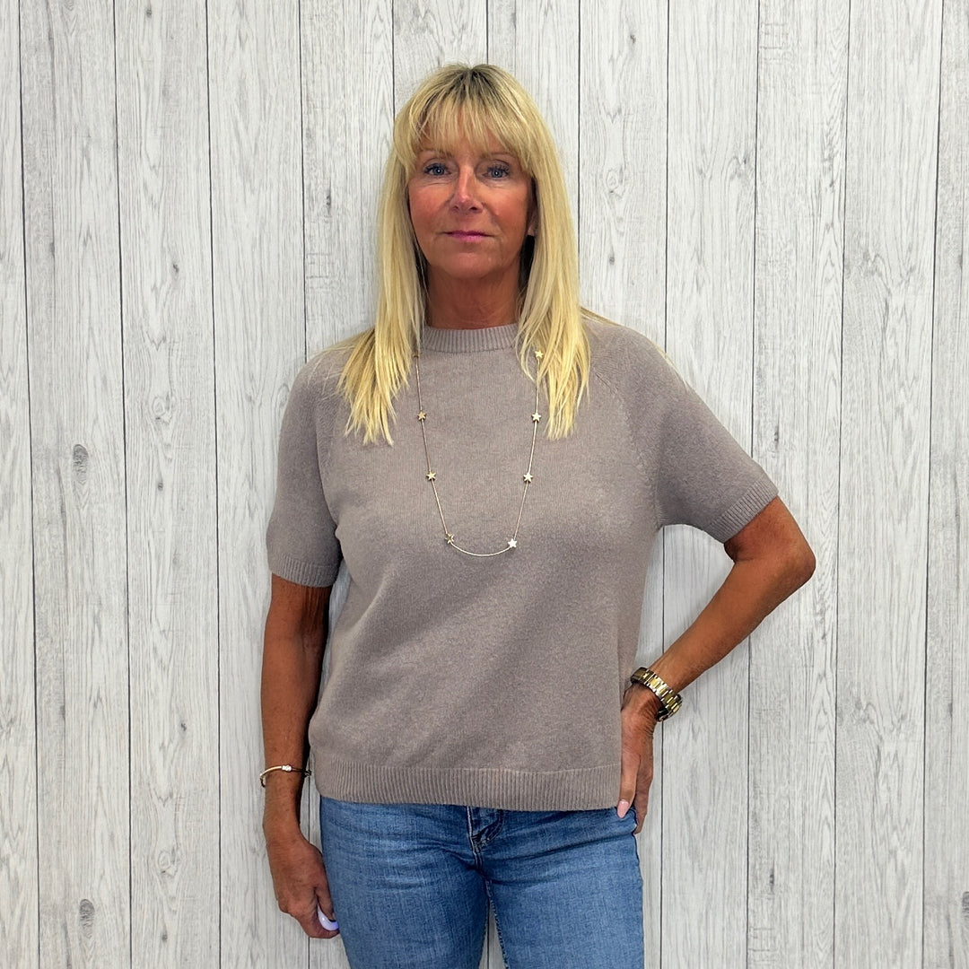 Made In Italy Laurie Round Neck Short Sleeve Jumper Mocha Brown -  Sugarplum Boutique
