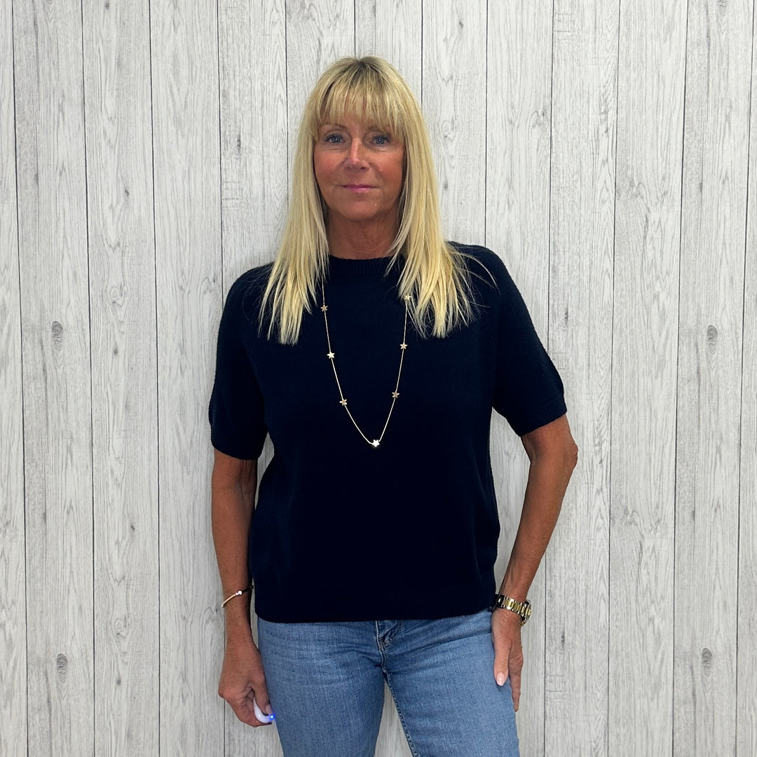 Made In Italy Laurie Round Neck Short Sleeve Jumper Navy Blue -  Sugarplum Boutique