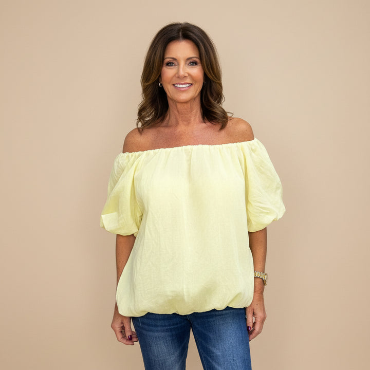 Made In Italy Lemon Yellow Bardot Style Bubble Hem Top - Sugarplum Boutique