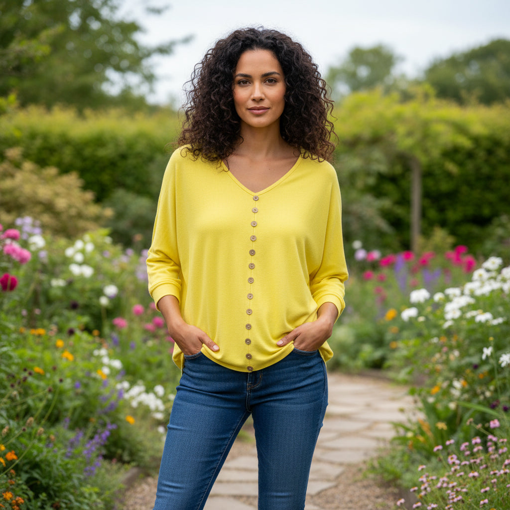Made In Italy Lemon Yellow Zuzu Button Front Relaxed Fit Top - Sugarplum Boutique