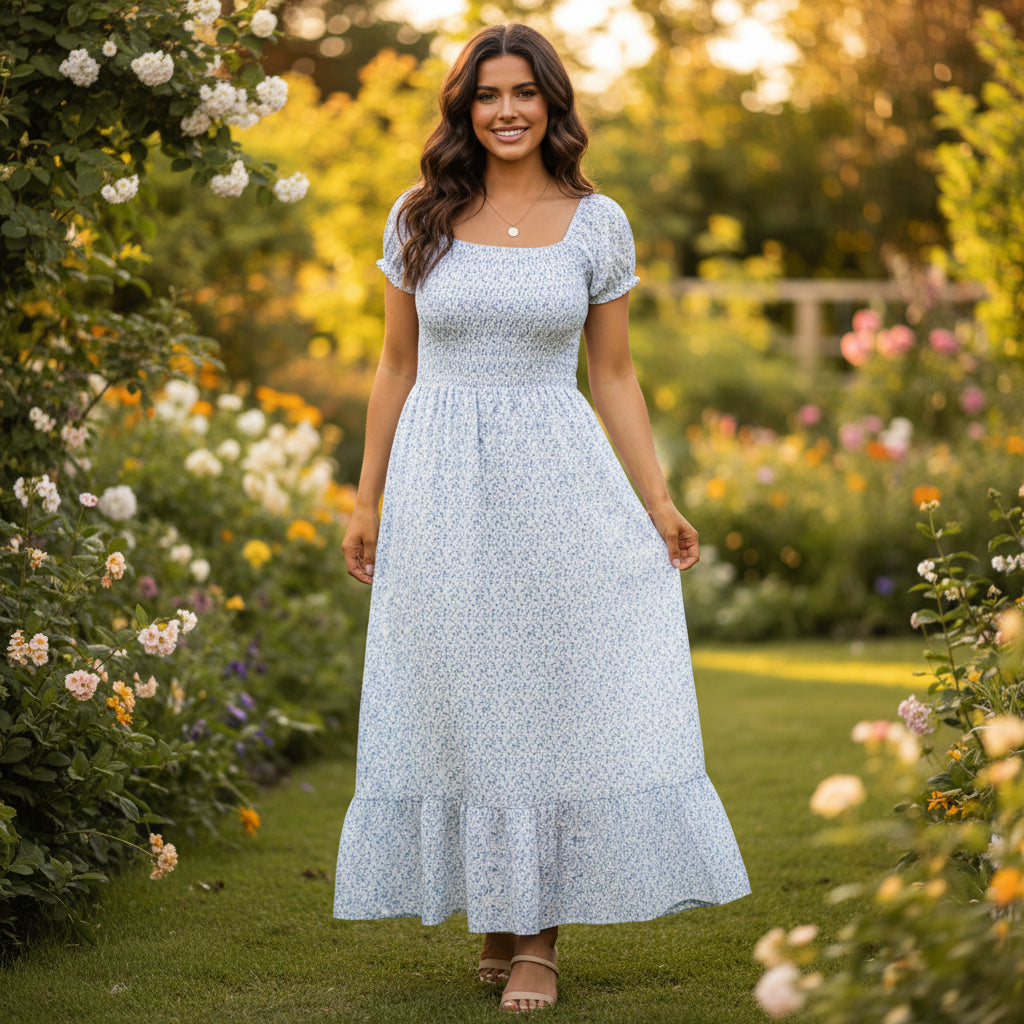 Made In Italy Light Blue Ditsy Flower Shirred Bardot Maxi Dress - Sugarplum Boutique