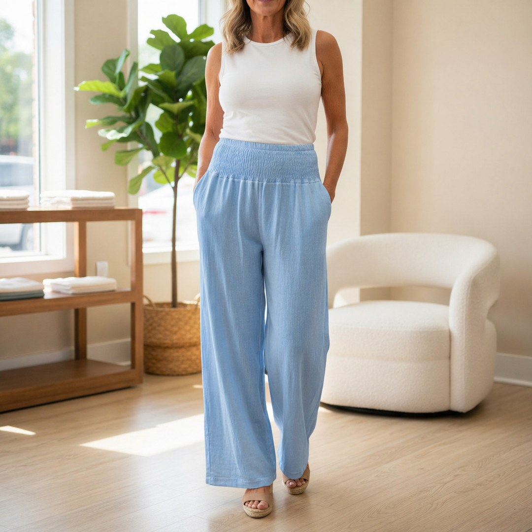 Made In Italy Light Denim Blue Shirred Waist Wide Leg Trousers - Sugarplum Boutique