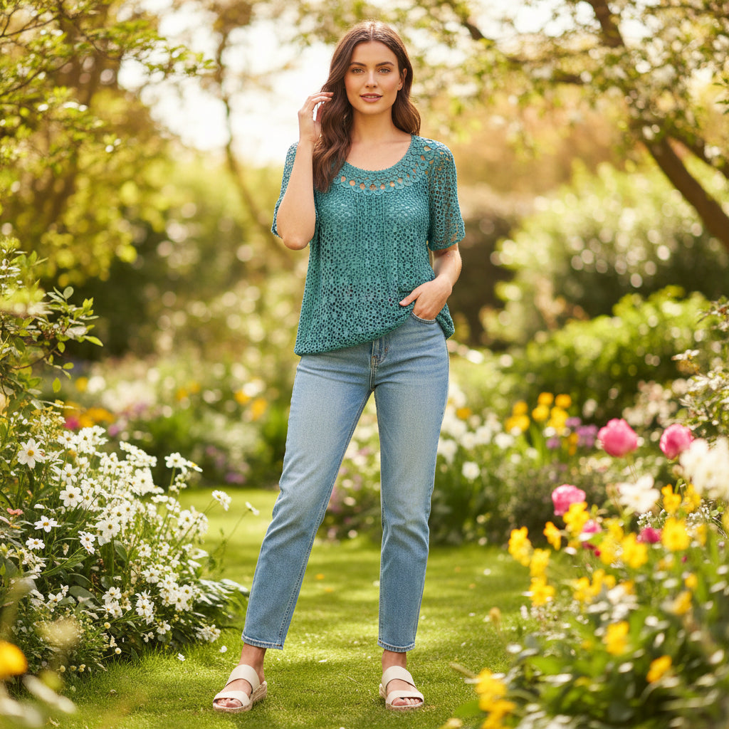 Made In Italy Zaria Light Teal Crochet Style Stretchy Lined Top - Sugarplum Boutique