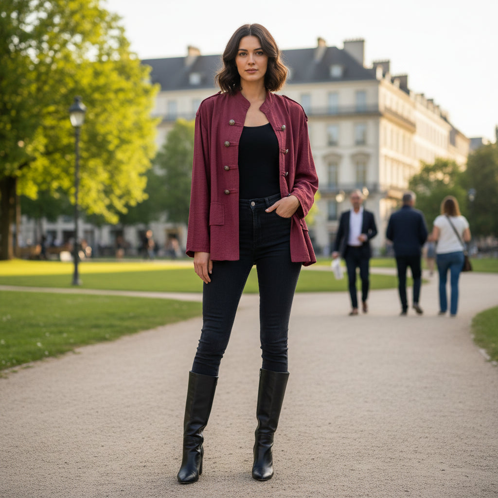 Made In Italy Lightweight Burgundy Military Band Style Jacket - Sugarplum Boutique