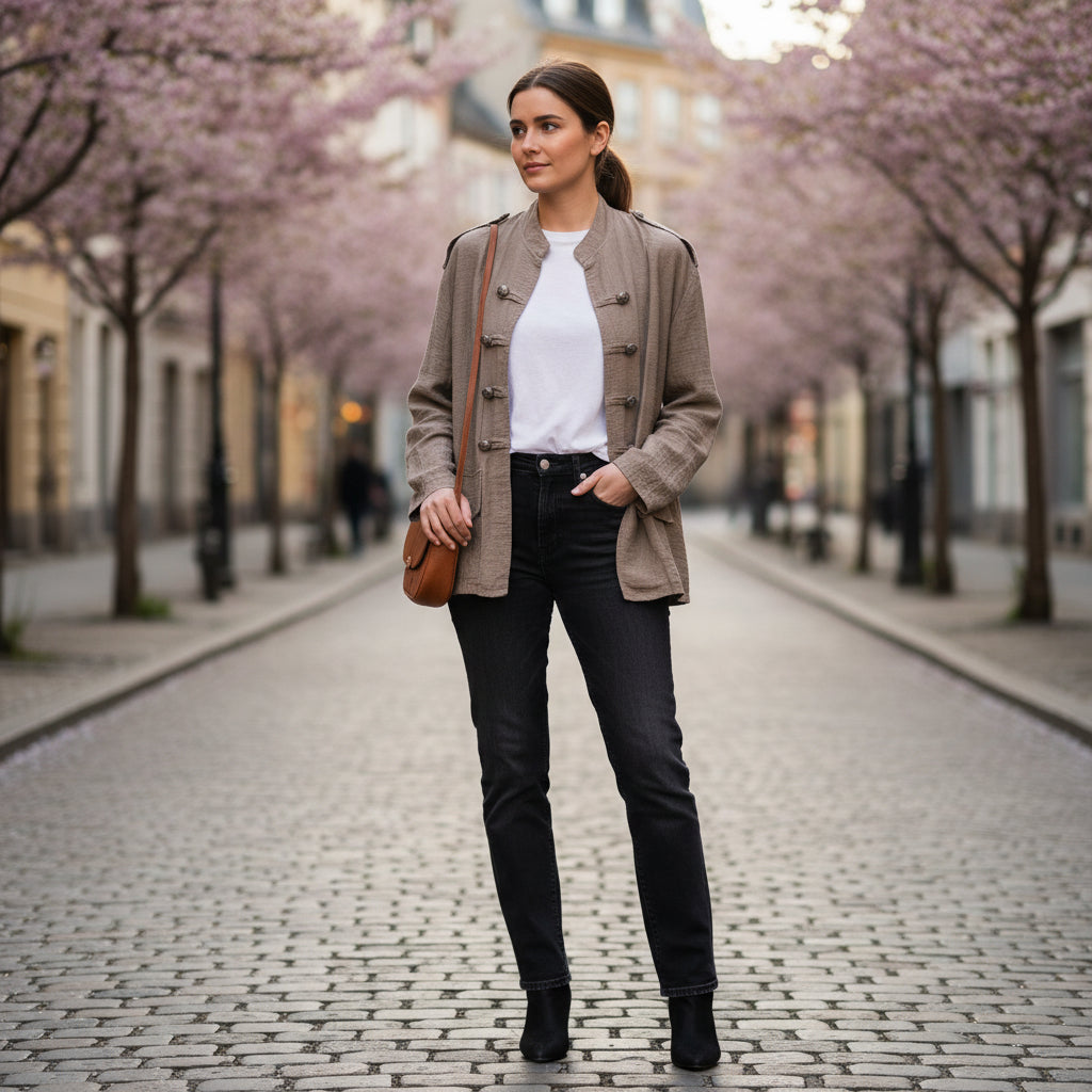 Made In Italy Lightweight Mocha Brown Military Band Style Jacket - sugarplum Boutique