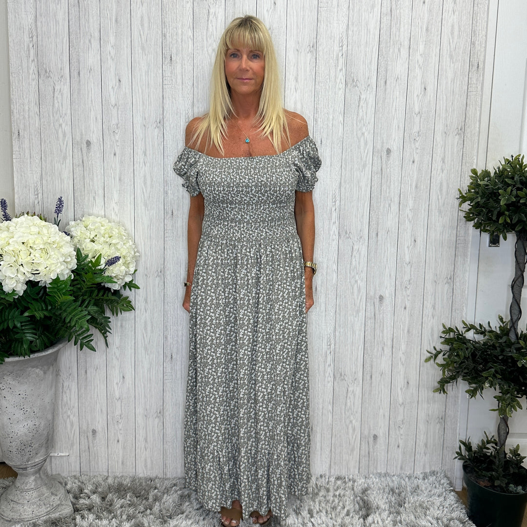 Made In Italy Lilly Ditsy Flower Print Maxi Dress Khaki Green - Sugarplum Boutique